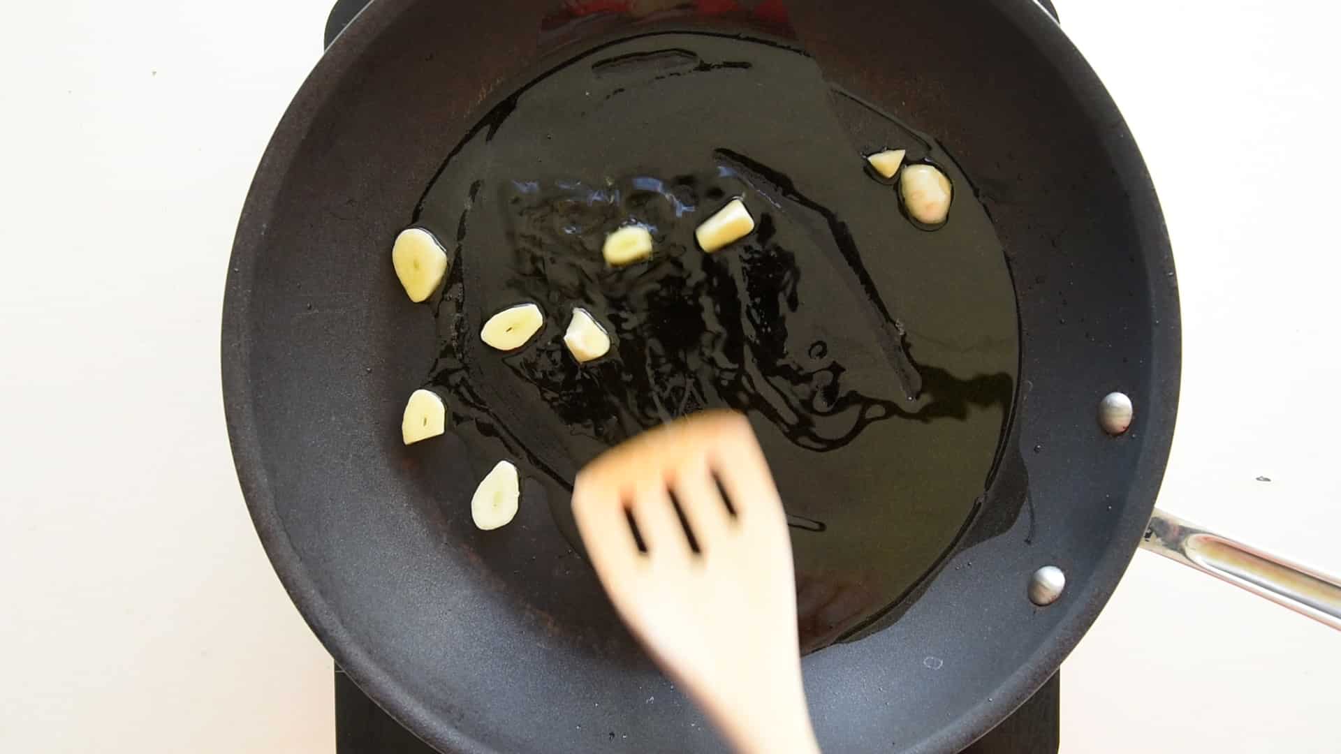 Stir frying the garlic