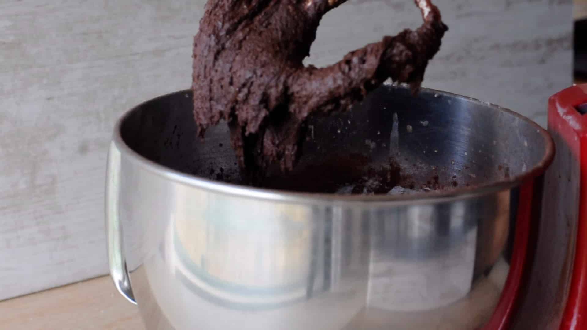 What the chocolate batter looks like hanging from the mixer blade