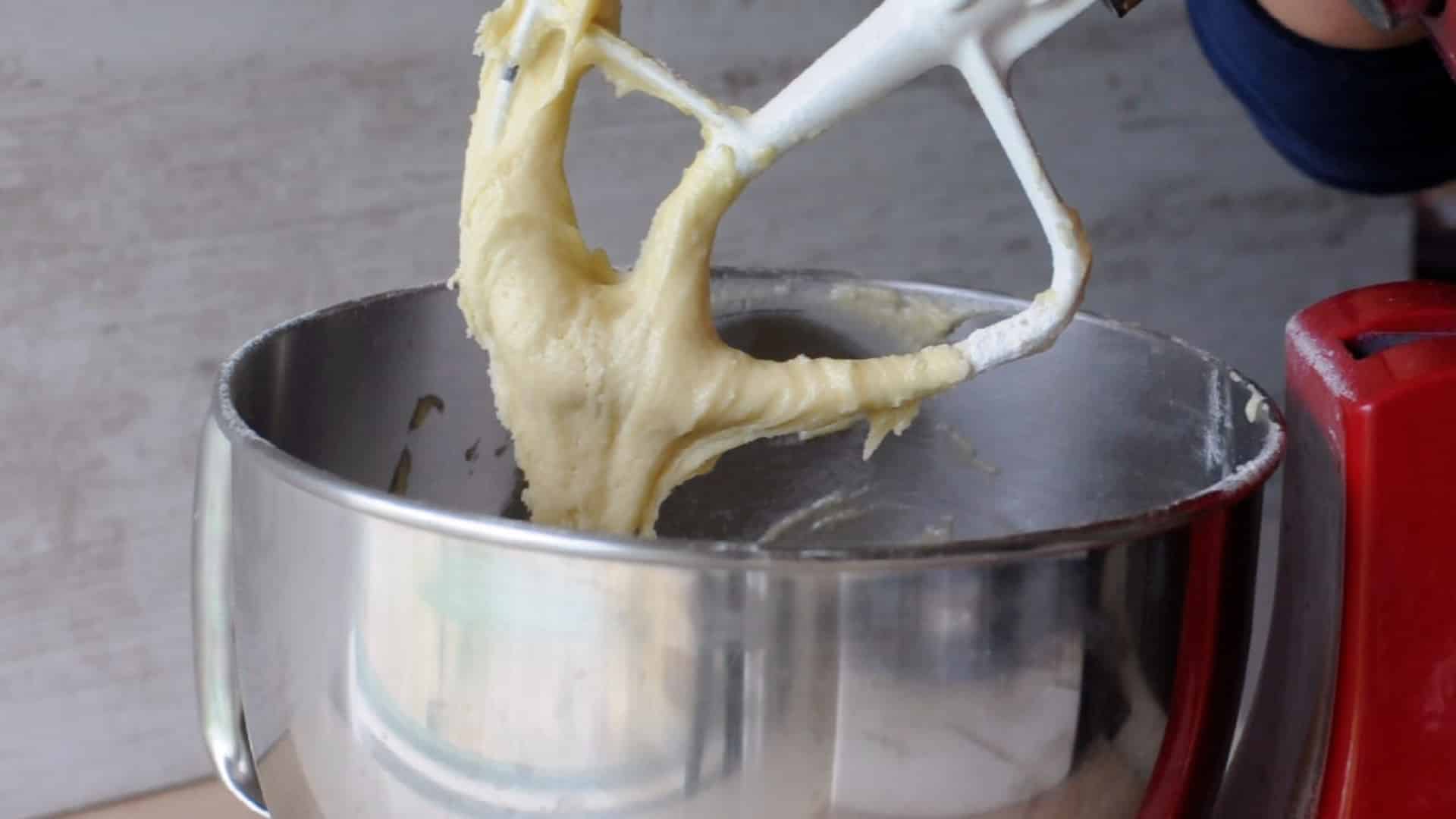 What the vanilla batter looks like hanging from the mixer blade