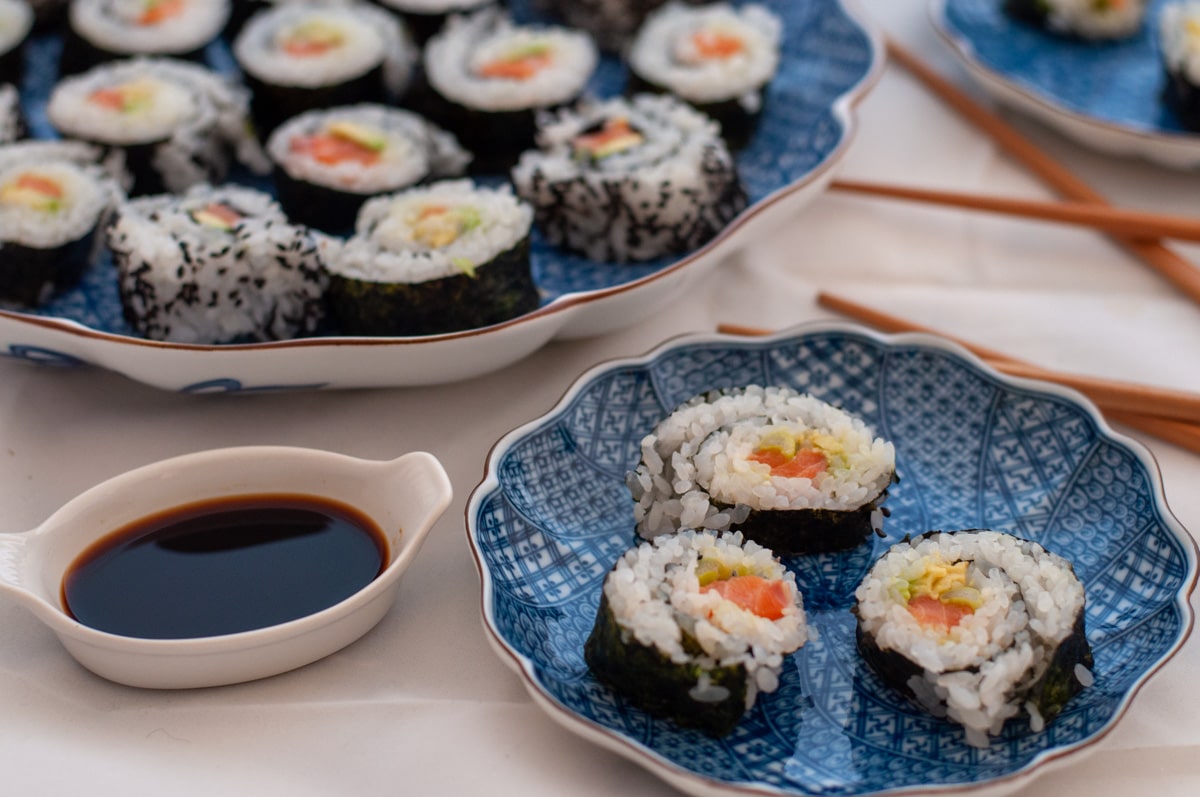 Homemade sushi Maki and Uramaki on a plate