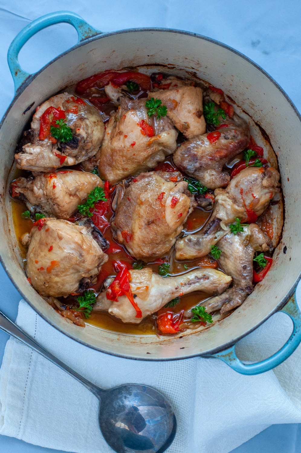 Chicken with peppers in the pan