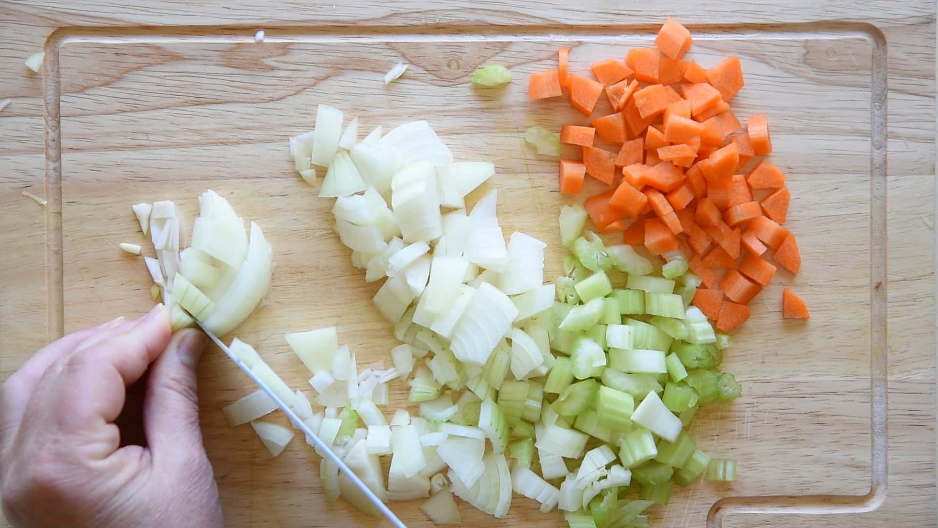 Dice the carrot, celery and onion