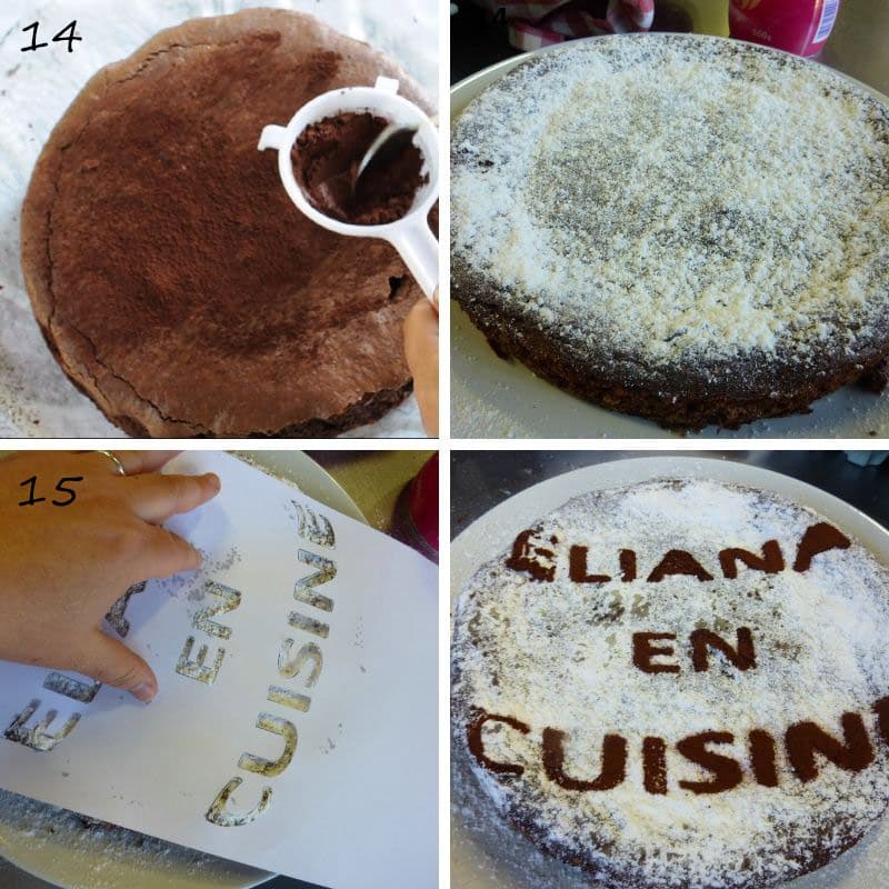 Decorating the cake with cocoa and icing sugar