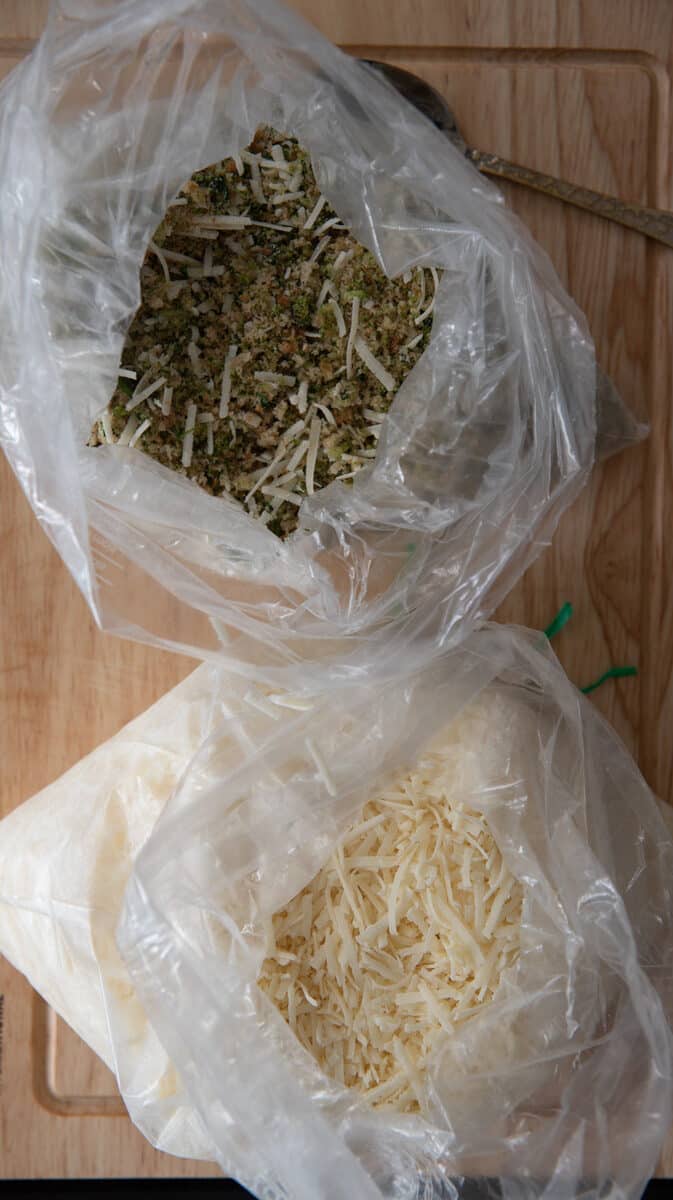 Frozen breadcrumbs and grated parmesan in a bag