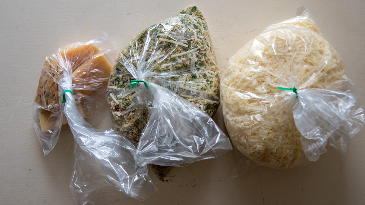 breadcrumbs, parmesan and parmesan crusts sealed into bags ready for the freezer