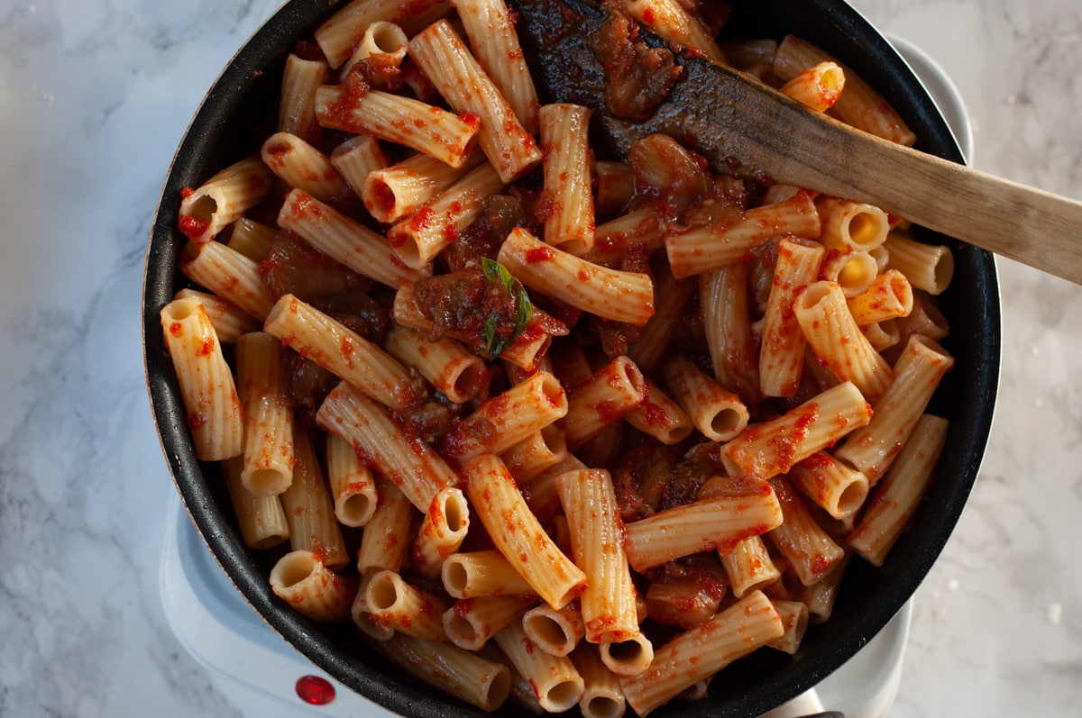 Maccheroni or Rigatoni pasta in a pan
