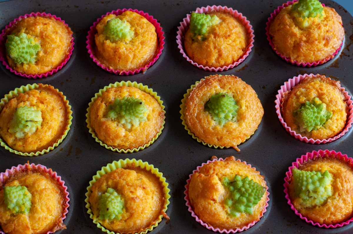 Romanesco broccoli cupcakes in silicon molds and muffin pan