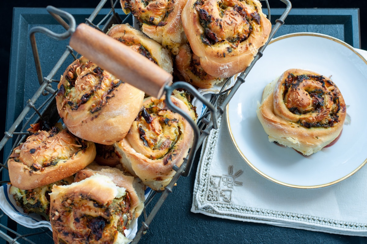 Stuffed bread rolls With Spinach And Sun dried Tomatoes basket