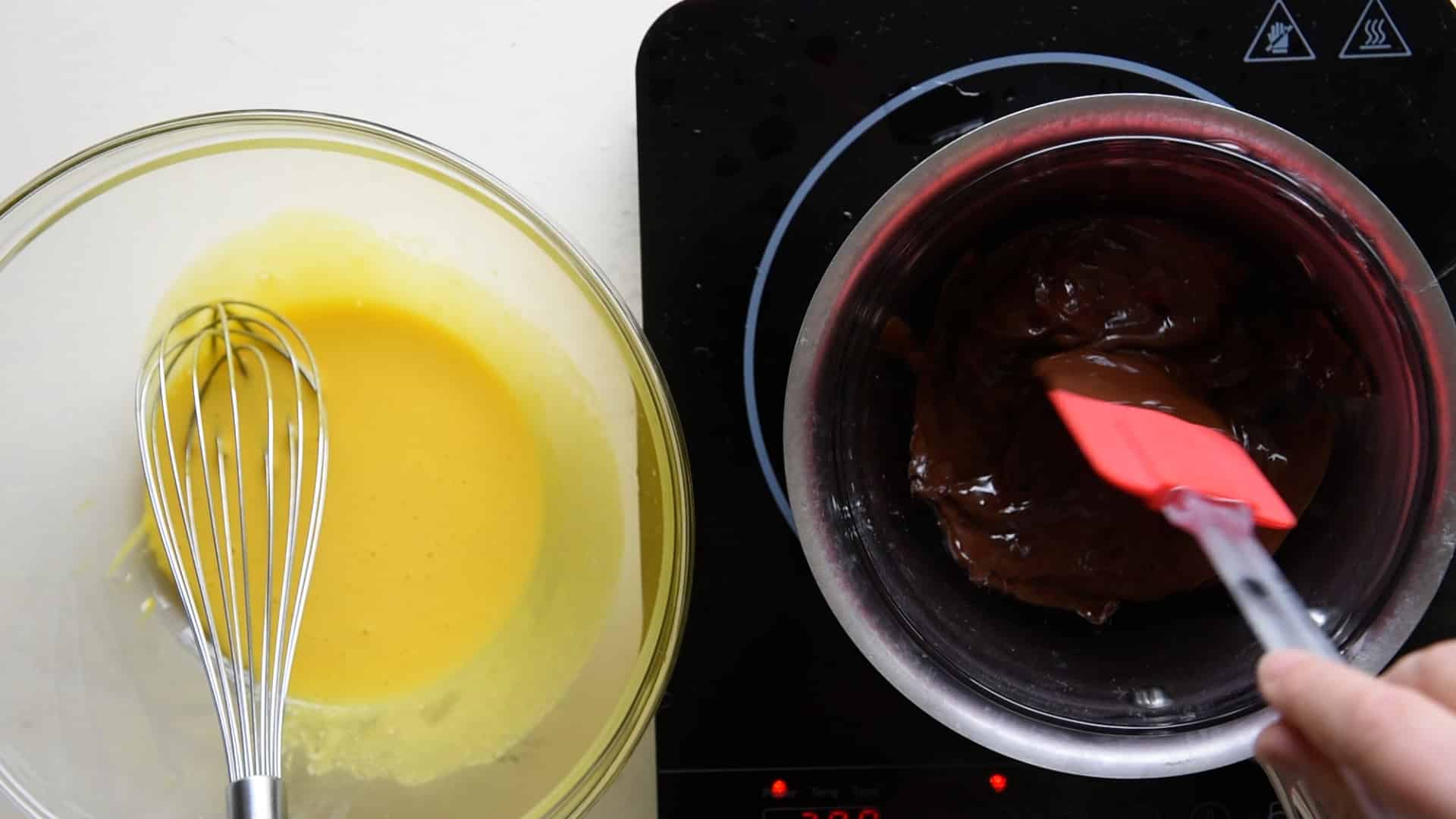 Whip the egg yolks until they turn pale and chocolate melted in the double boiler