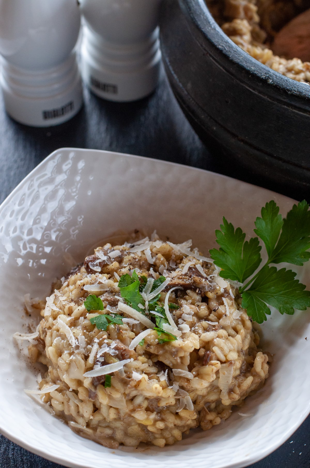 Porcini mushrooms risotto served on a plate