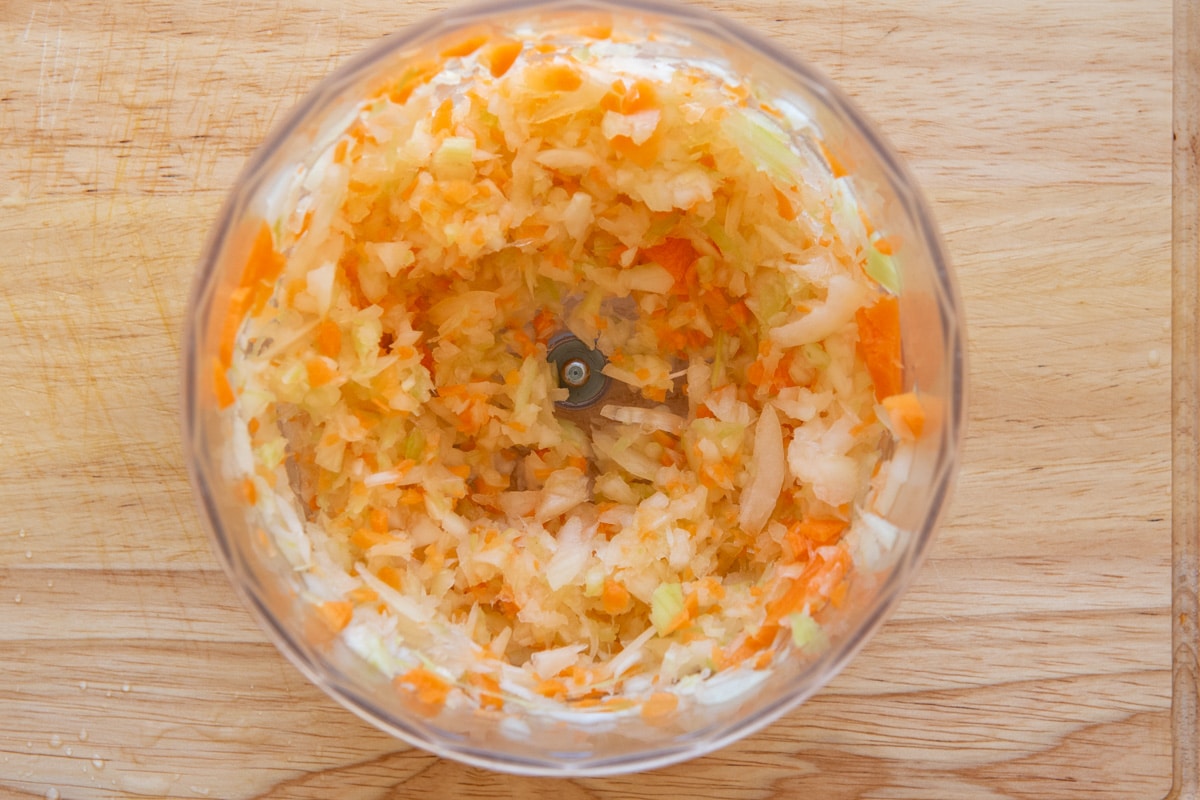 onion, carrot and celery chopped in a food processor