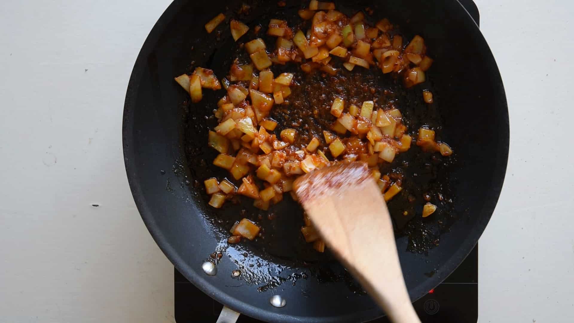 stir fry the onion with the bacon or nduja