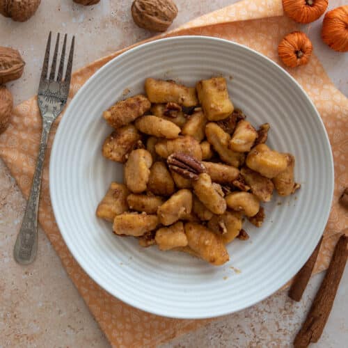 pumpkin gnocchi seasoned with cinnamon and walnuts