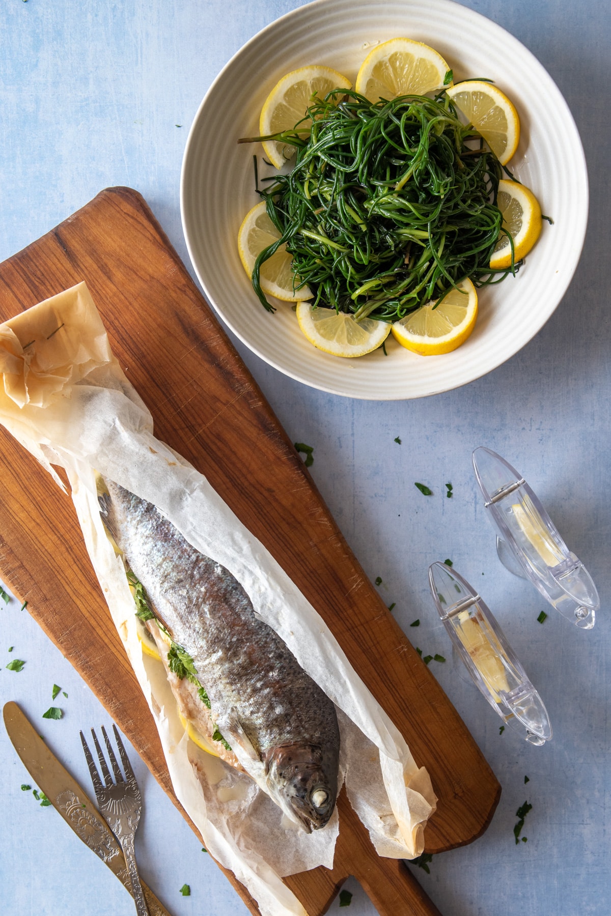 serving agretti with trout