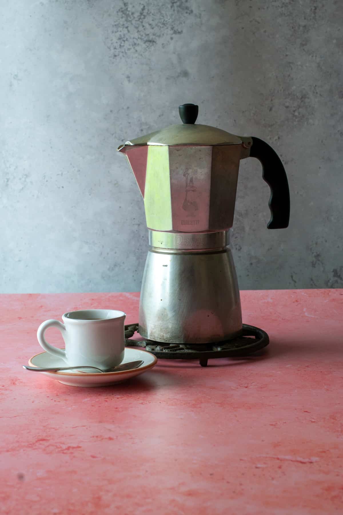 Moka Pot Espresso Bialetti with a coffee cup