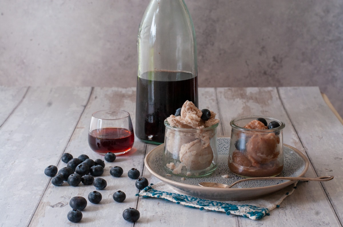 Blueberry sorbet, gelato and liqueur
