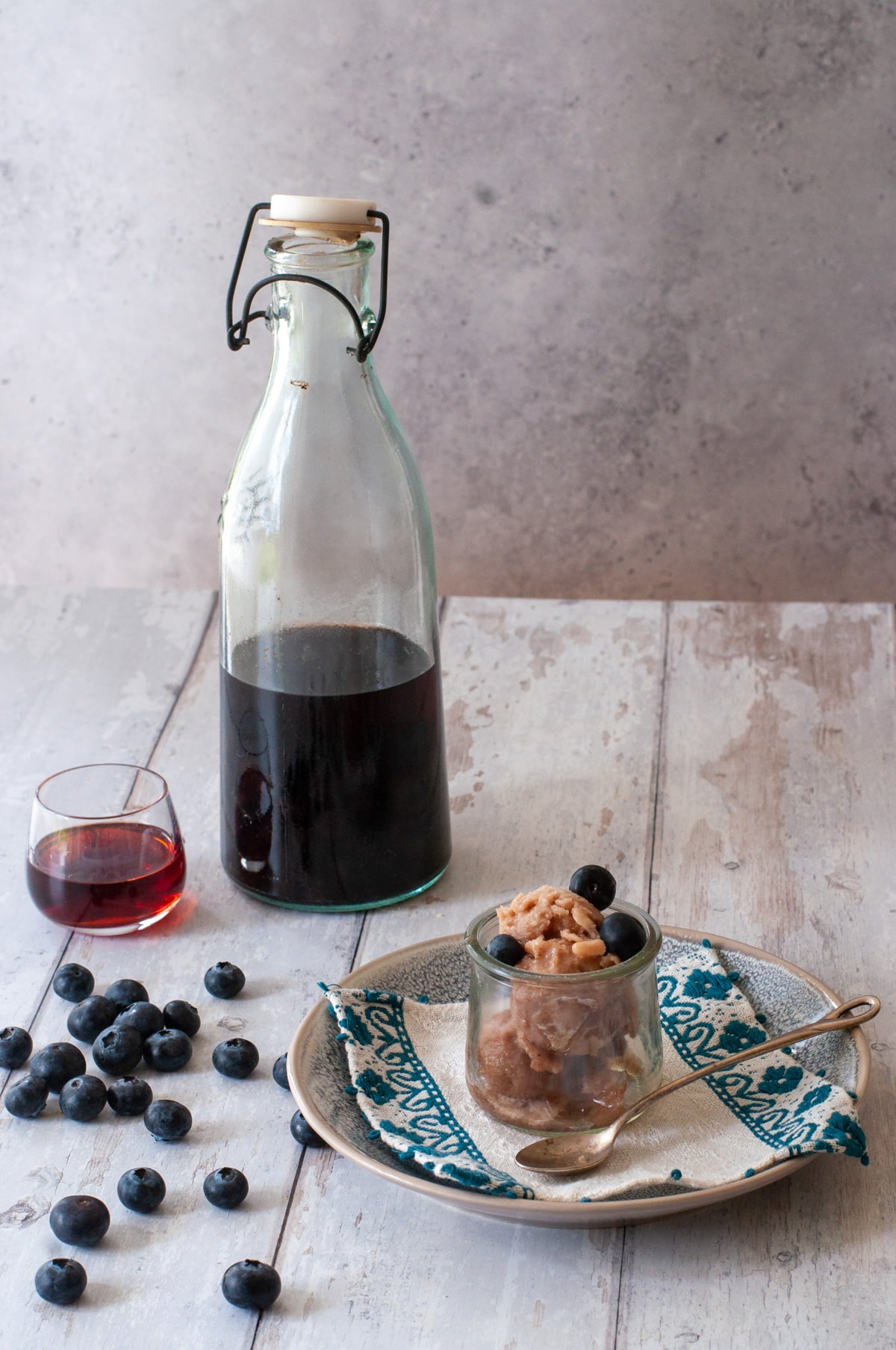 blueberry sorbet served with blueberry liqueur