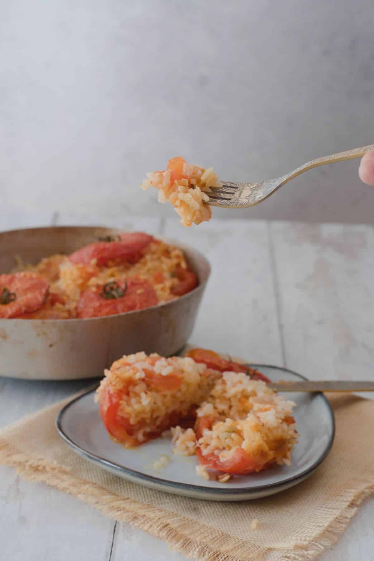 Opened rice stuffed tomato to see the inside