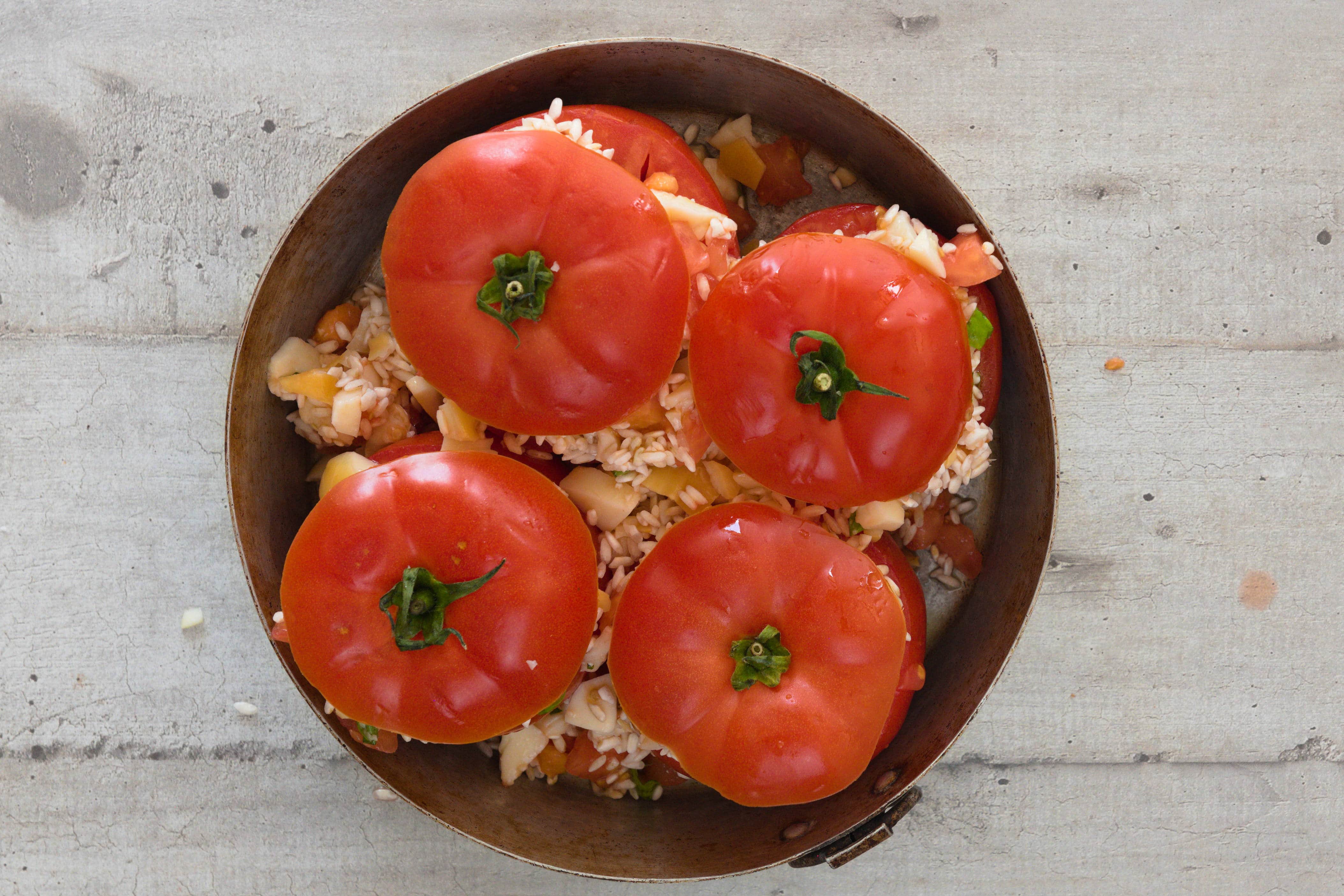stuffed tomatoes ready for the oven