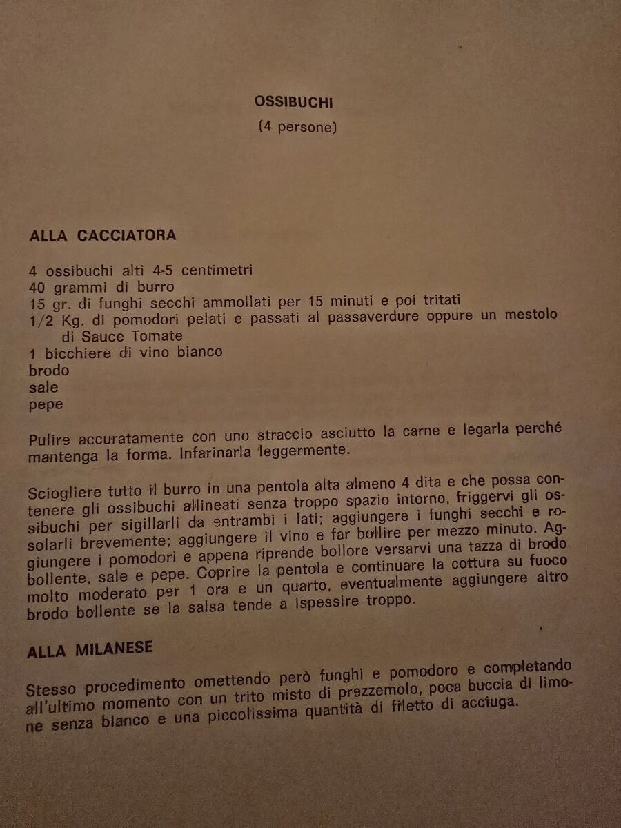 recipe page from Italian Cordon Bleu course