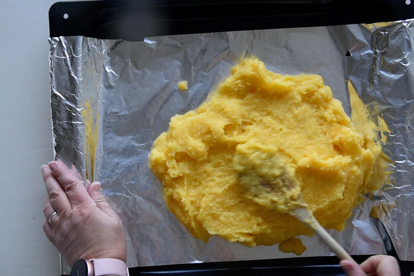 Spread the polenta in the foil