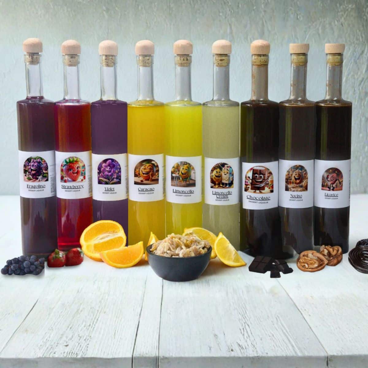 Homemade liqueurs with customized lables