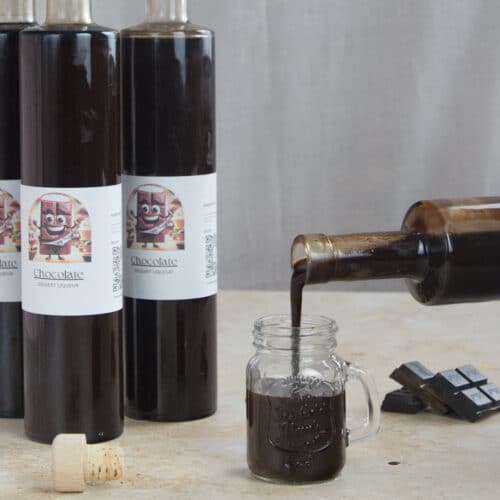 Chocolate liqueur served in fancy labeled bottles