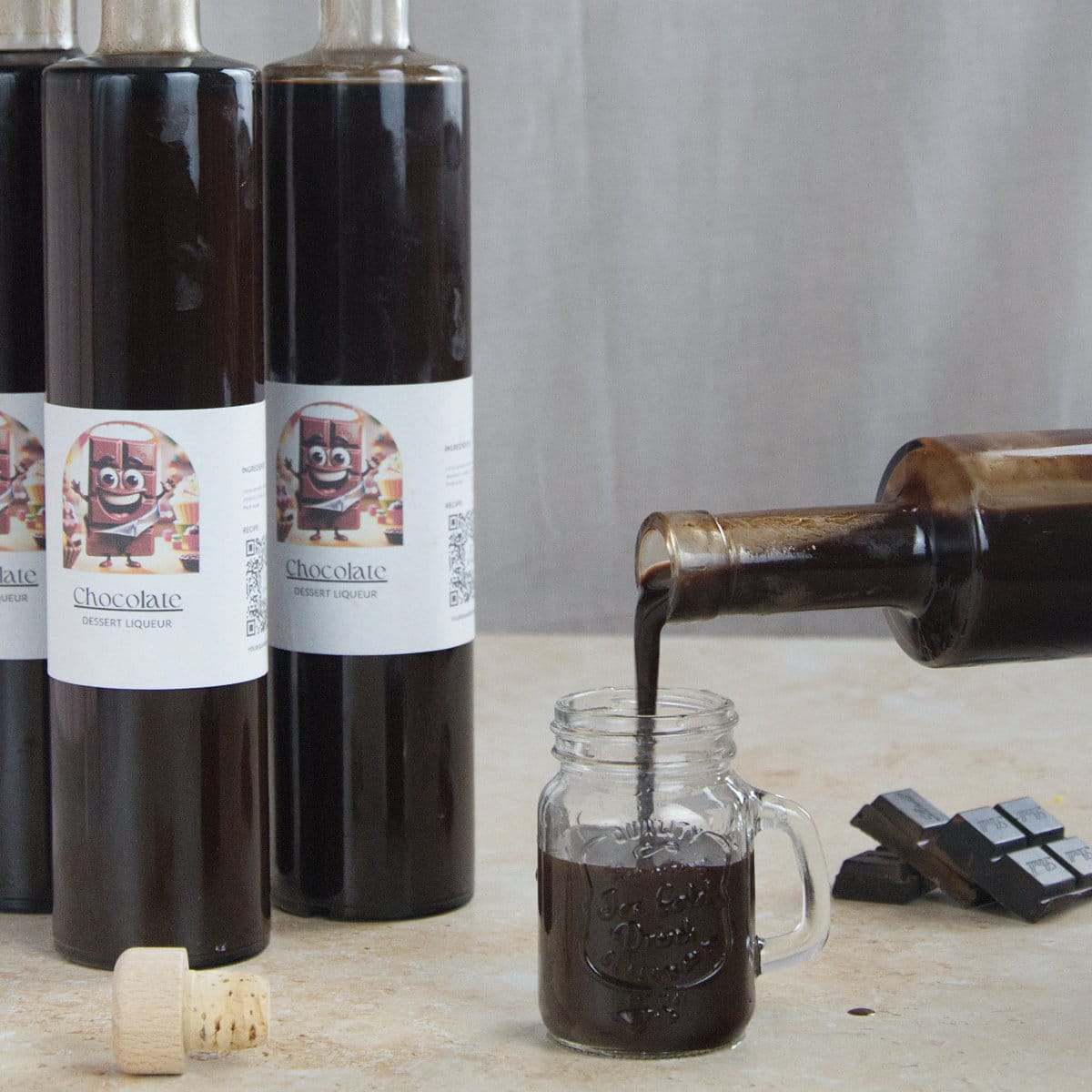 Chocolate liqueur served in fancy labeled bottles