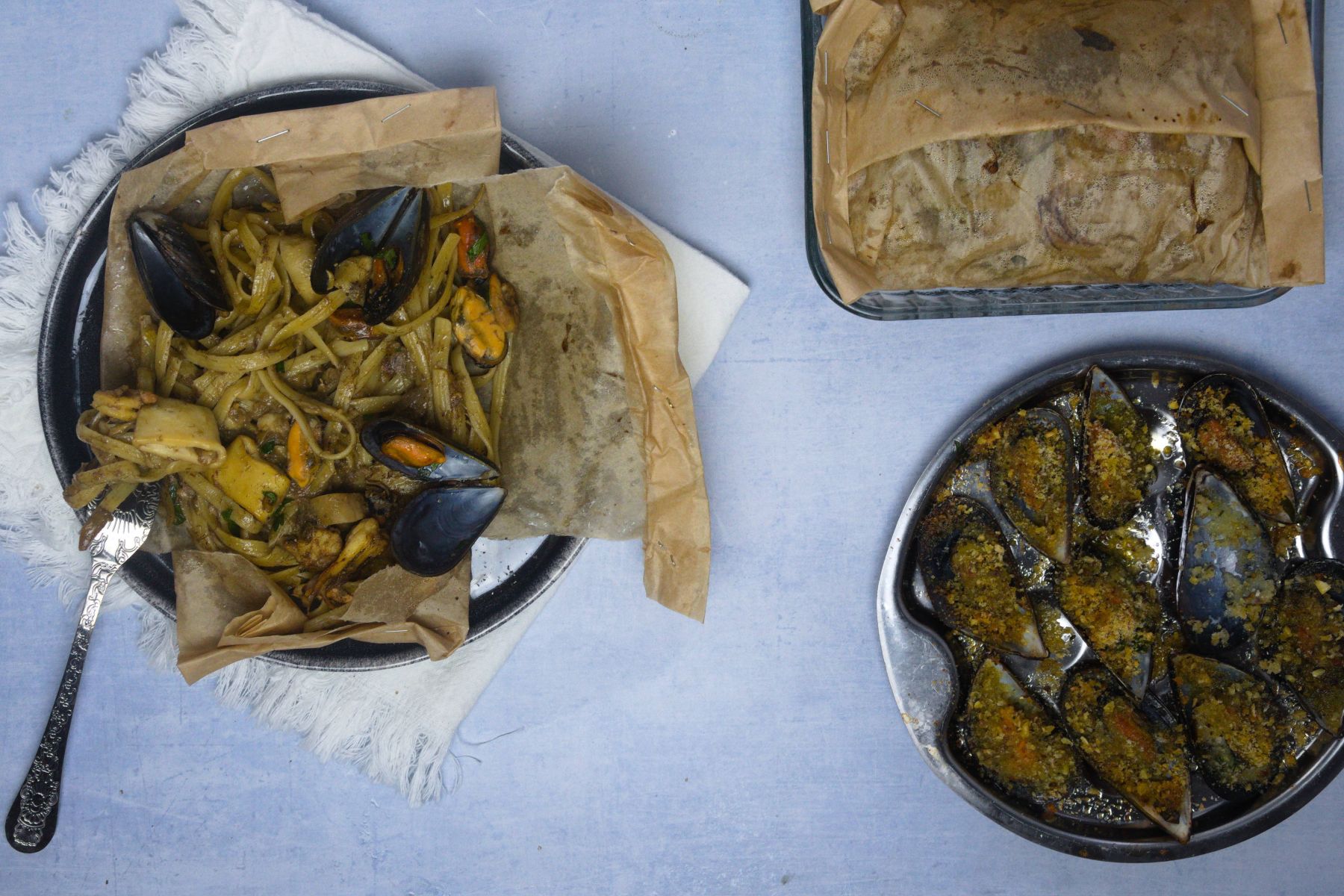 pasta mari and monti served in a parcel opened