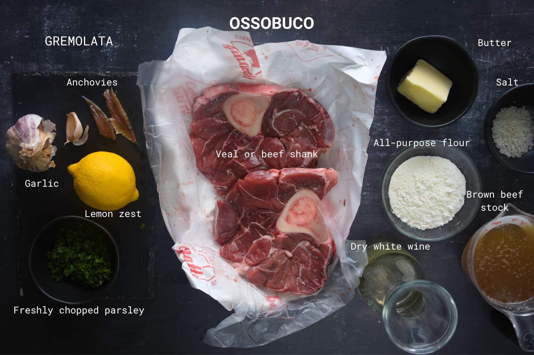 Ingredients with name for ossobuco alla milanese