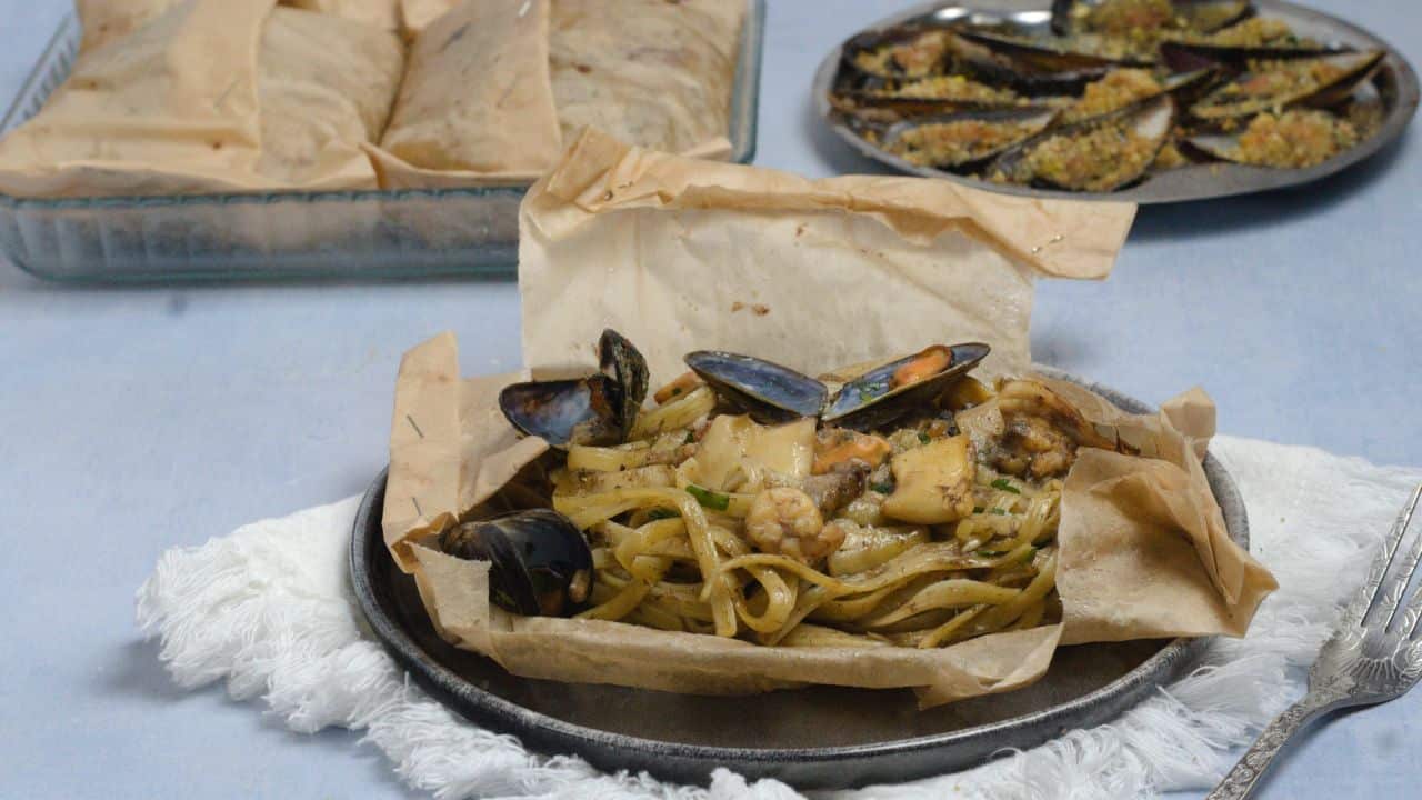 pasta mari e monti served in a parcel