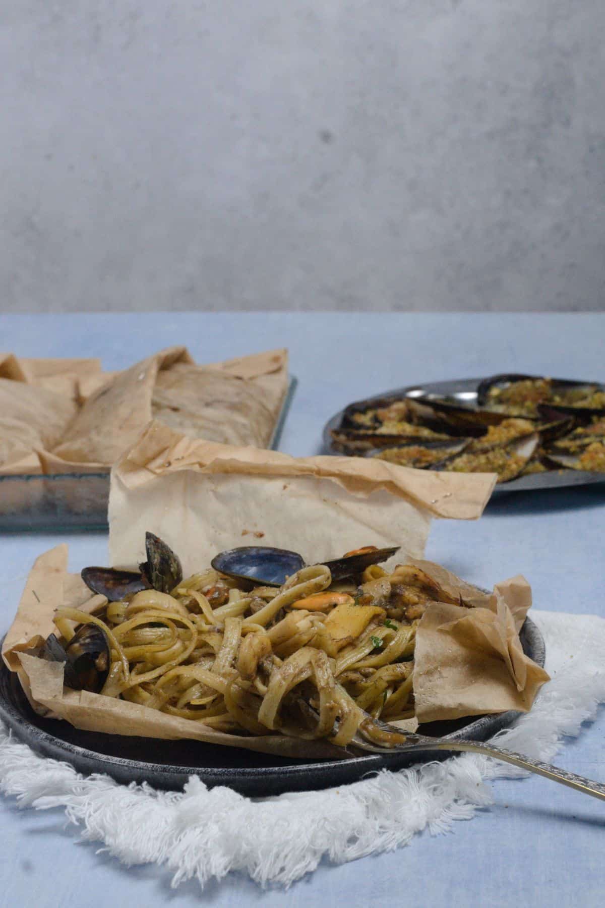 pasta mari e monti served in a parcel