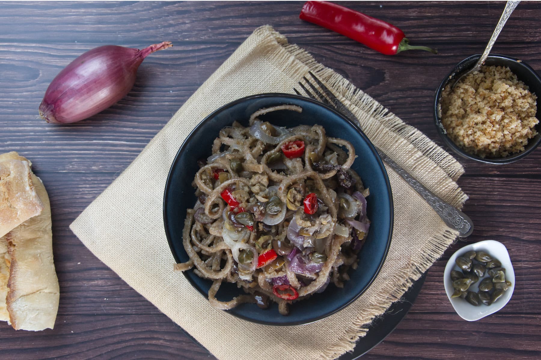 stroncatura served with tropea onion, capers anchiovies and breadcrumbs