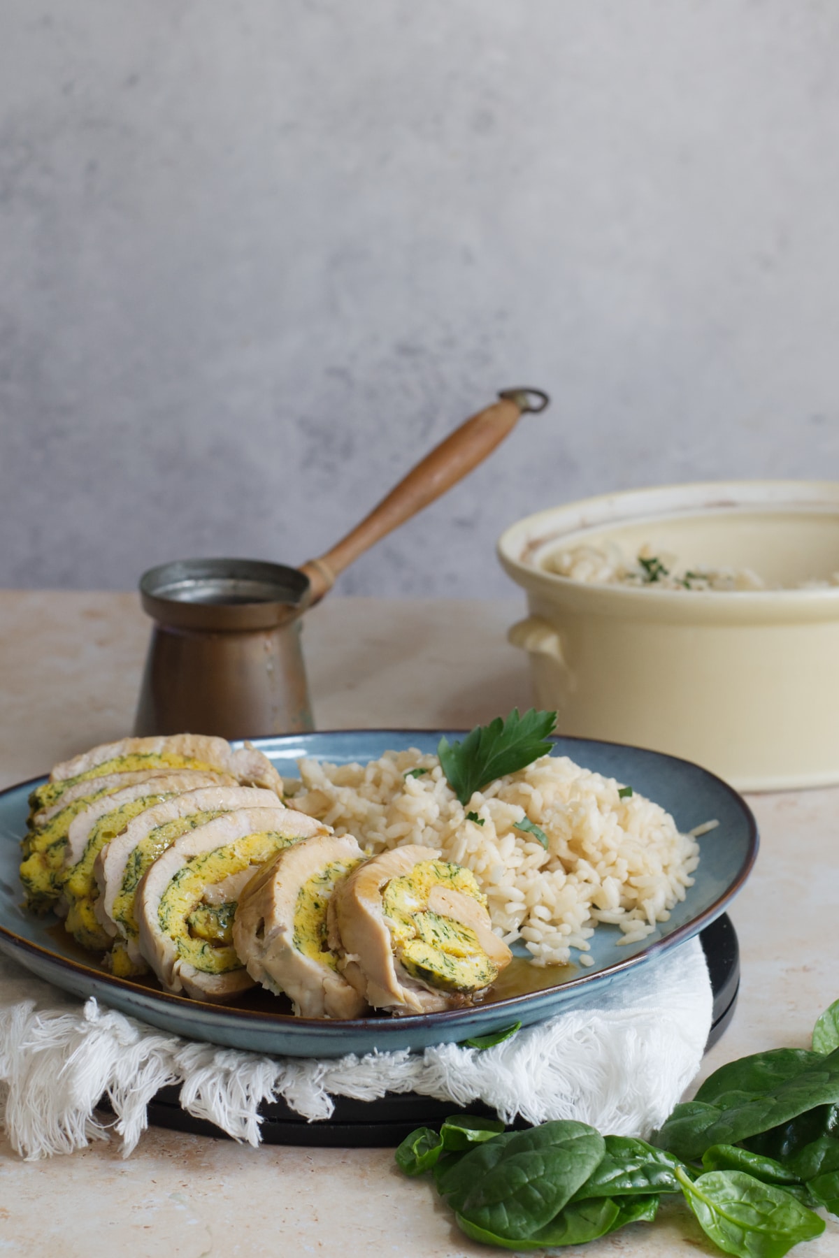 Roll&egrave; di Tacchino turkey roulade served with rice pilaf