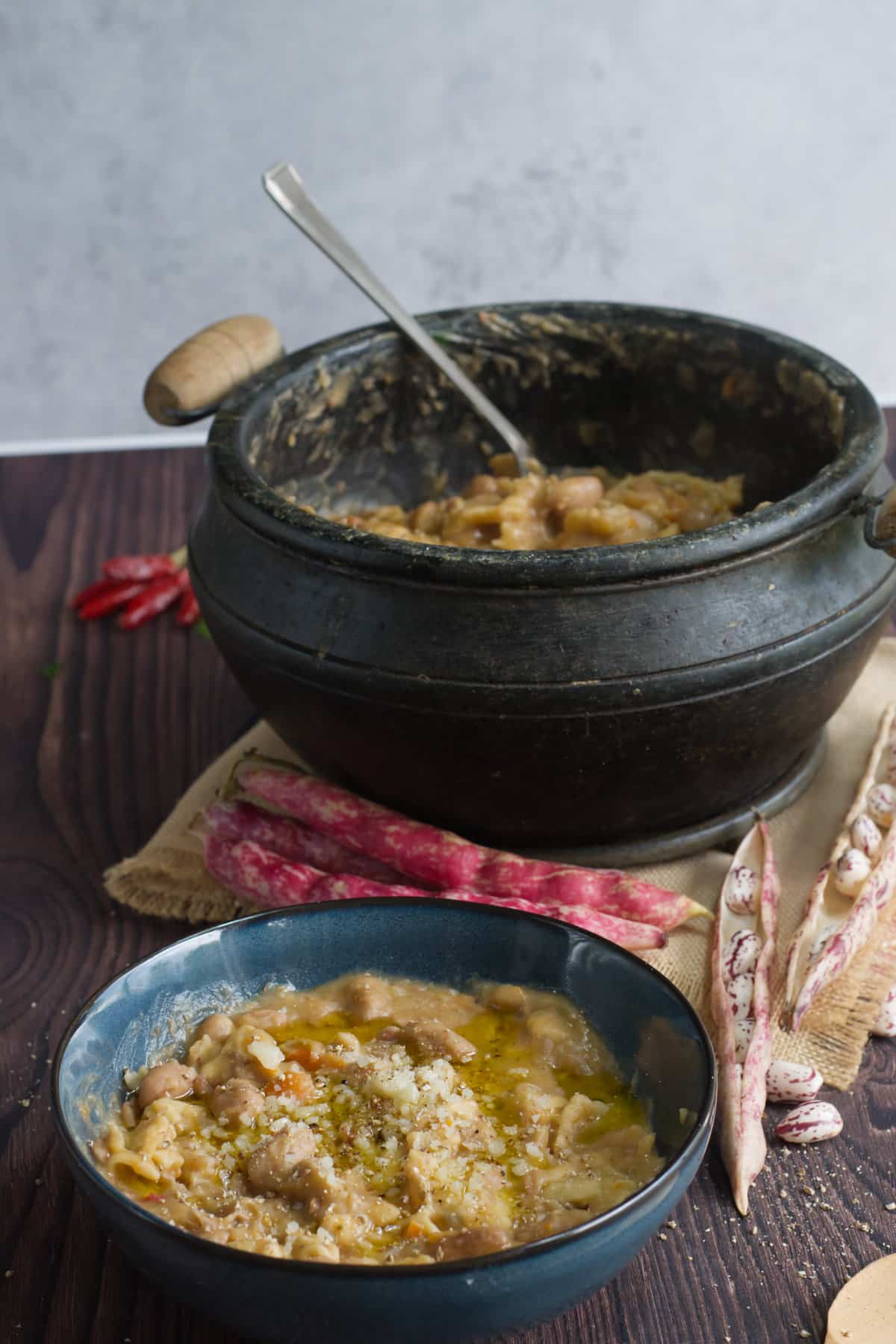 pasta e fagioli served with parmesan and extra virgin olive oil