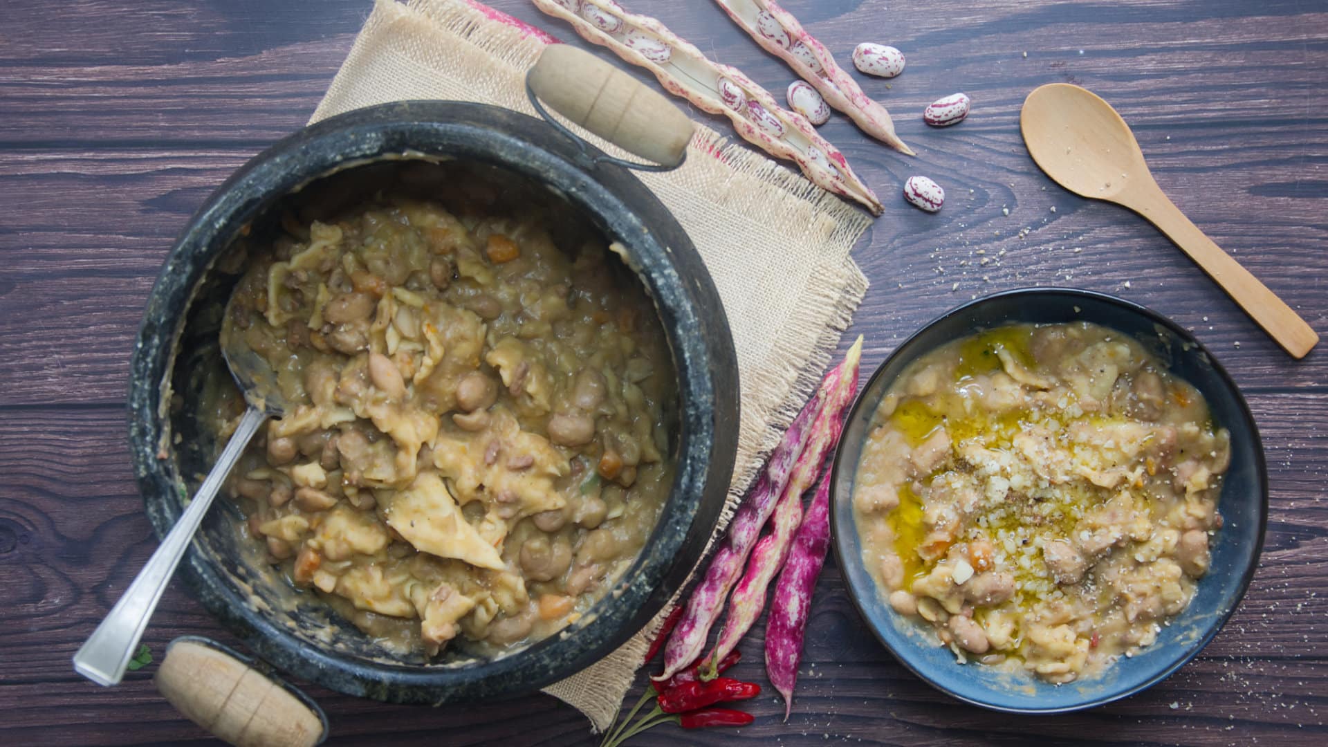 pasta e fagioli served with parmesan and extra virgin olive oil